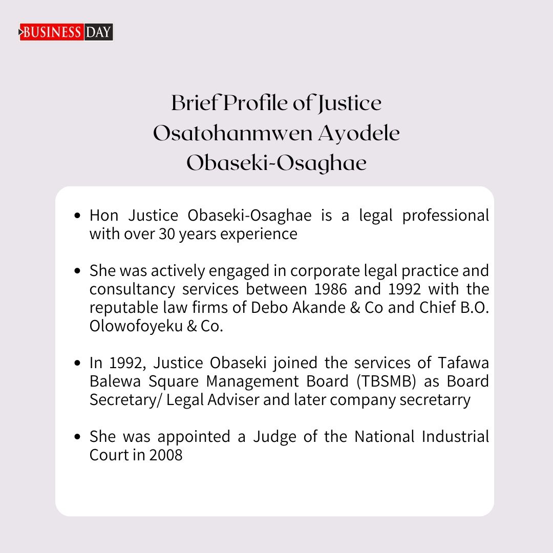 BDLegalBusiness's tweet photo. Today we celebrate an outstanding judge of the National Industrial Court of Nigeria - Hon Justice Osatohanmwen Ayodele Obaseki-Osaghae.
Justice Obaseki was in active private legal practice before she rose to the Bench at the National Industrial Court in 2008.

Happy Women's Month https://t.co/YG0Zntwylo
