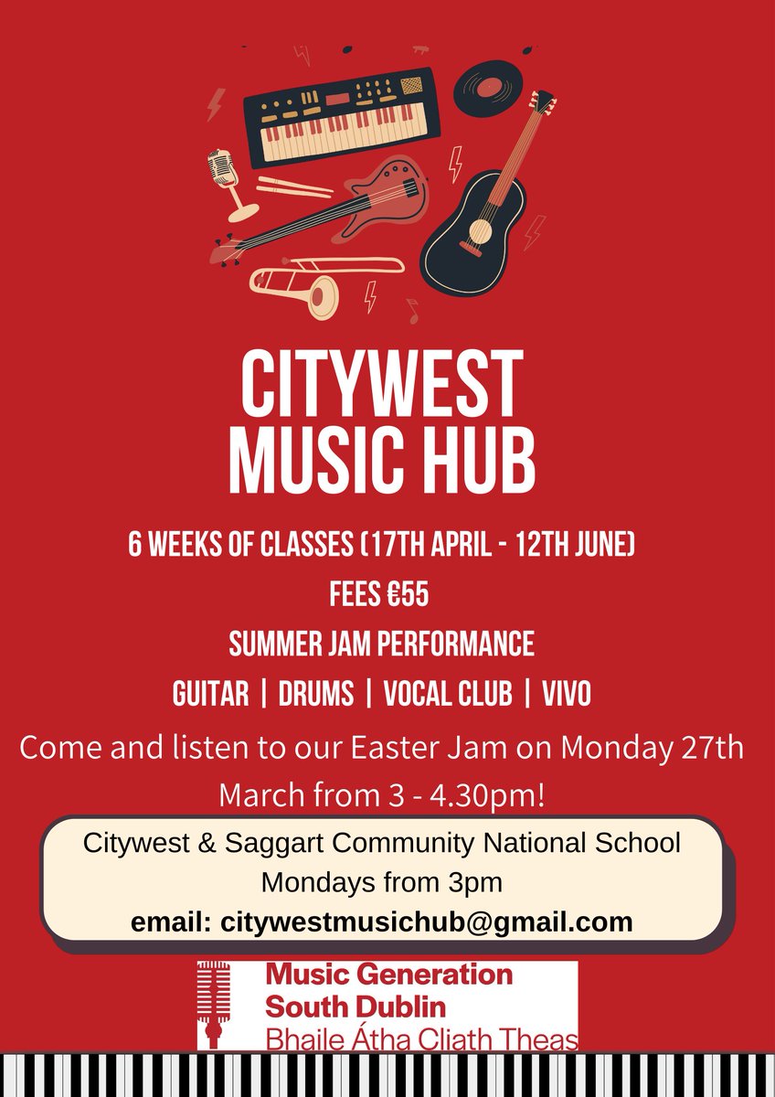 Our Easter Jam performance is taking place in our Citywest Hub on Monday the 27th of March ❤️ We're looking for new students to join up after our Easter break. You're invited to come listen to our jam and see what we're all about 🎼Pop in or send us an email to find out more💫