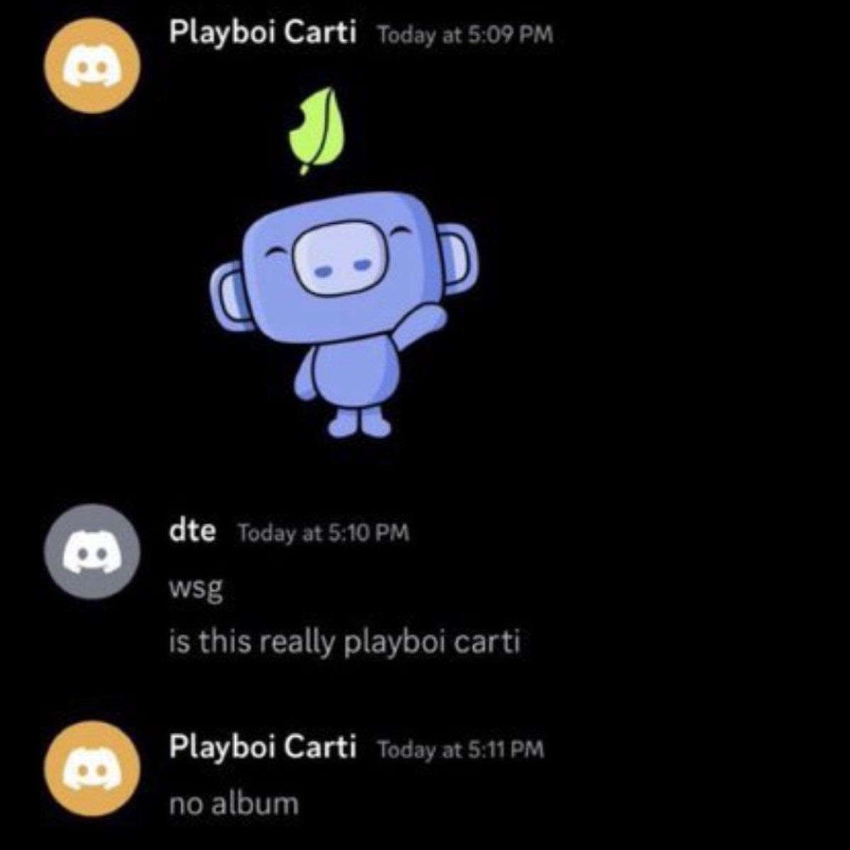 therealugs's tweet image. Playboi Carti made a new Discord account to tell his followers in a Carti discord that he won’t be dropping new music due to recent leaks