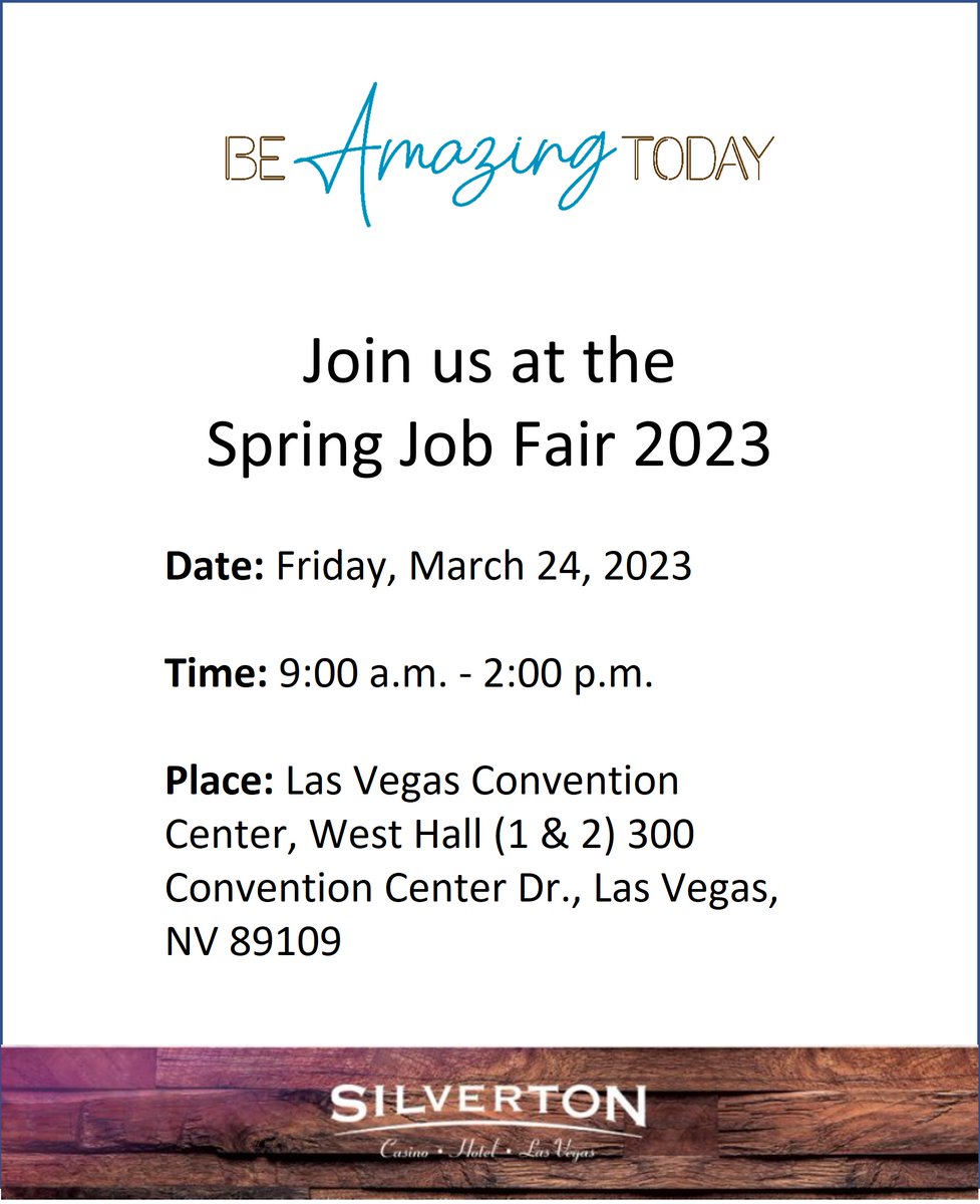 SilvertonCasino's tweet photo. Join us at the #LasVegasJobs Spring Job Fair TODAY! https://t.co/LlLjdGx0zI #SilvertonCasino #BeAmazingToday https://t.co/V5tblTAqJW
