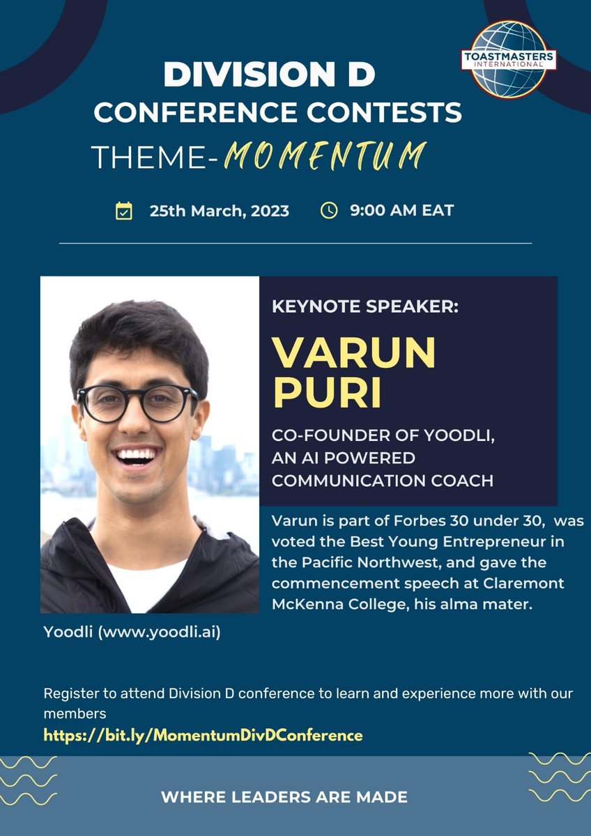 d114divisiond's tweet photo. Div D Conference is in a few hours’ time! We have the great honour of hearing from ✨ Varun Puri a renowned expert in Artificial Intelligence and a co-founder of Yoodli, an AI-powered communication coach. ✨ 1/3 https://t.co/upWUBIG1Jc