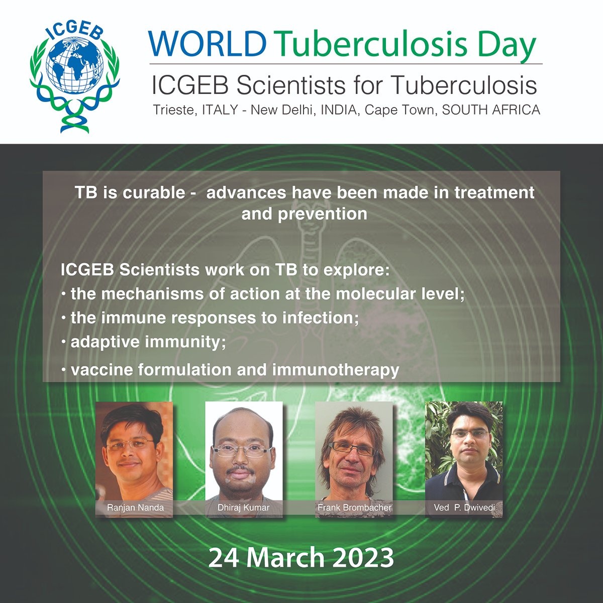 ICGEB's tweet photo. 24 March 2023 is World Tuberculosis Day. We celebrate our scientists whose work advances treatment and prevention of TB
#TheClockIsTicking #EndTB #WorldTBDay 
👉 https://t.co/WFE1PzIdDW https://t.co/dlFH0ozKmv