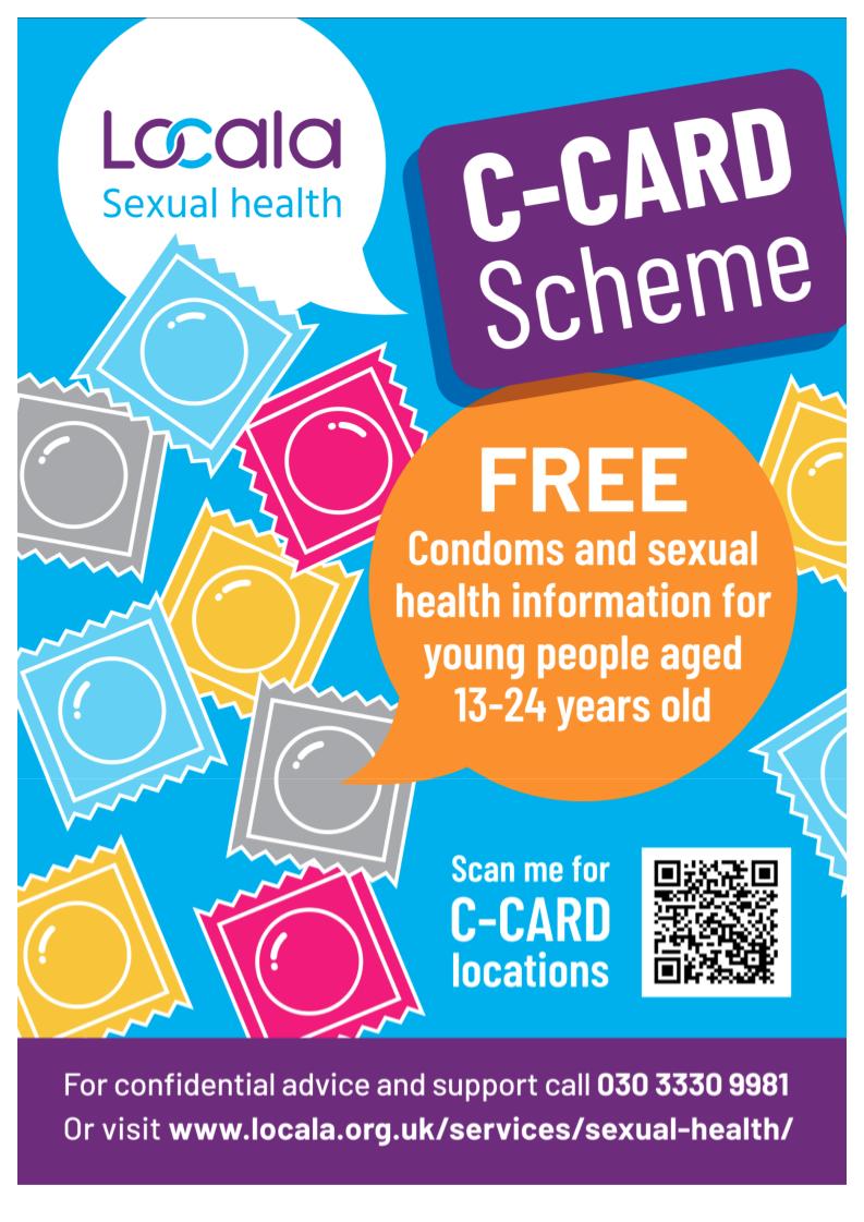 📢 13-24 yr olds❗

<a href="/locala/">Locala Health & Wellbeing</a> offer FREE #condoms through the C-Card Scheme as well as advice on #contraception #consent #relationships &amp; #STI testing.

To find your nearest C-Card Registration &amp; Distribution Point locala.org.uk/services/sexua… 
<a href="/YouthBradford/">Bradford Youth Service</a> @yorkshiremesmac <a href="/step2yph/">Step 2 Young People's Health</a>