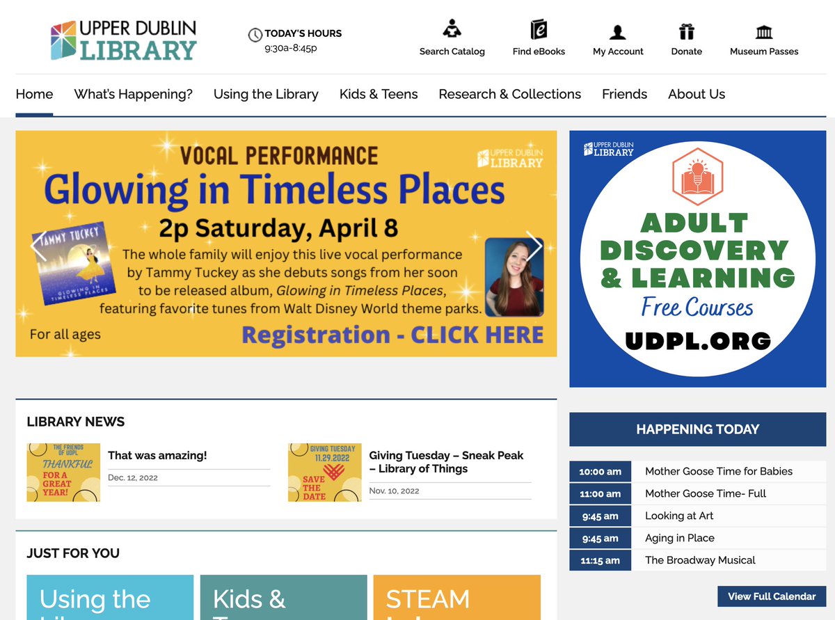 TammyTuckey's tweet photo. Look at that - I’m on the main page of the Upper Dublin Library website for my upcoming concert! 😍 Join me for a celebration of the release of "Glowing in Timeless Places” on April 8th at 2 PM!
Sign-up for your free ticket here: https://t.co/WNpQfg0wVq
#GITP #Concert #Disney https://t.co/UDGNWoJ7sc