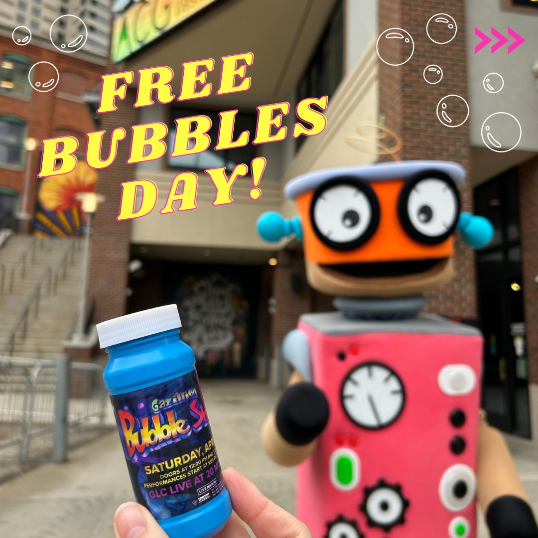 GLCLive20Monroe's tweet photo. FREE BUBBLES DAY! We teamed up with our friend Wimee the Robot to spread bubble joy around the city today! 💗 

Can't get enough bubbles? ✨ You won't wanna miss the Gazillion Bubble Show coming to our venue on April 22nd! Tix here: https://t.co/infJDQcCNh https://t.co/2k0rn5hBmX