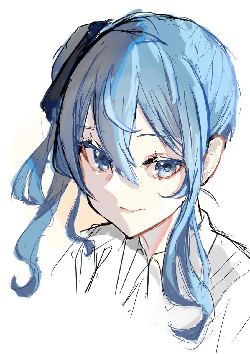 hoshimachi suisei 1girl solo blue hair blue eyes side ponytail white background shirt  illustration images