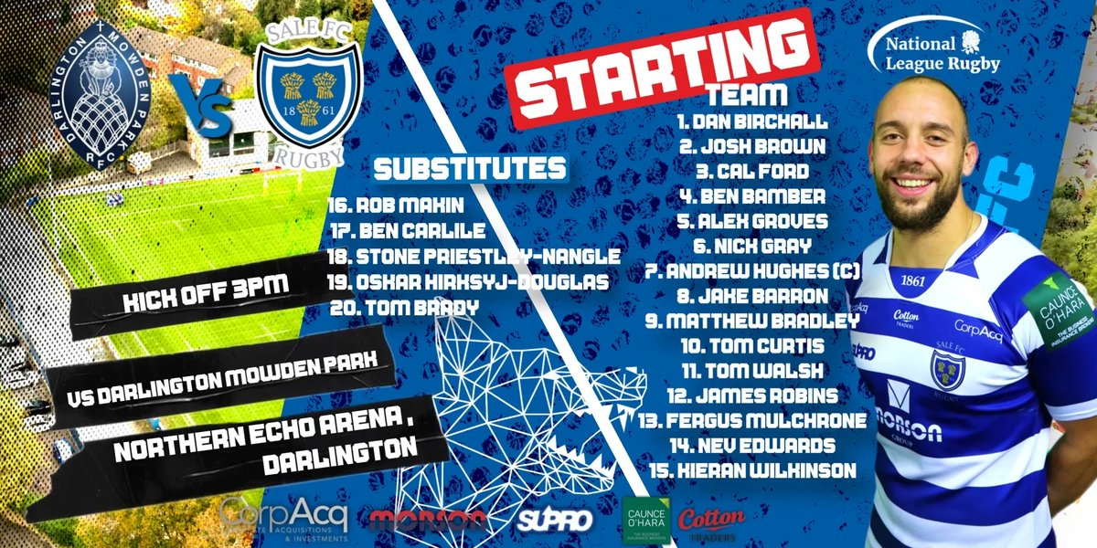 SaleFC's tweet photo. Team News for Saturday trip to @MowdenPark in @Natleague_rugby 

We’ve upgraded our bus so MORE seats are available!Head to smart club.

🔵Brown hits 50 appearances and is starting at 2
⚪️Same starting team as last week 
🔵Brady returns to the bench 

#OneSaleFC
#JoinTheHunt https://t.co/9tYBZqV3WT