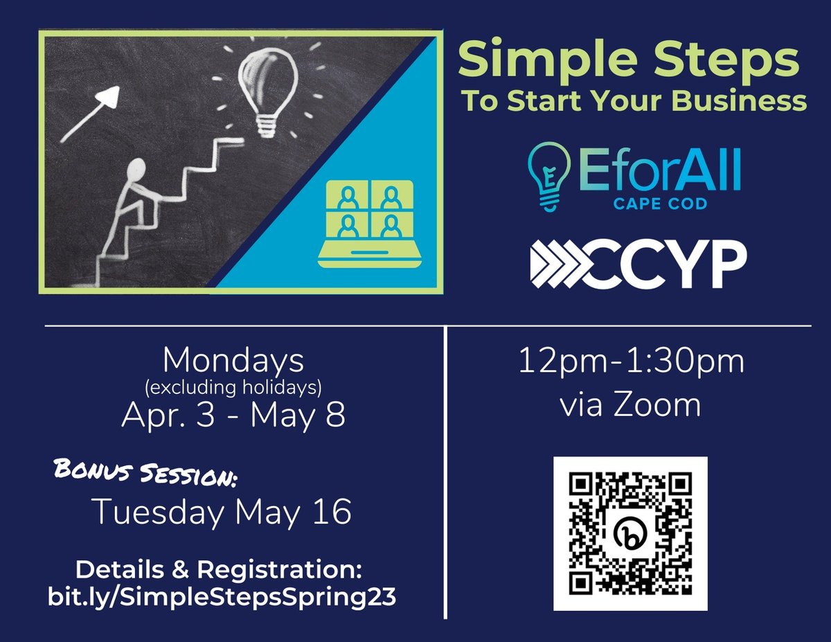 Eforallcapecod's tweet image. Do you have an idea for a business but no idea where to start? Start here. This approachable workshop series presented by EforAll Cape Cod and CCYP takes participants through the basics of starting to explore a business idea. Free to all but advance registration required.