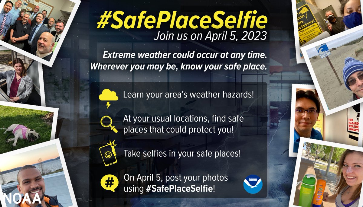 If there was one extreme weather preparedness action you want your loved ones to take, what would it be? For many, that one action is to know ahead of time where their safe place is located. Join @NOAA next Wednesday to take a “selfie” & post it with the hashtag #SafePlaceSelfie