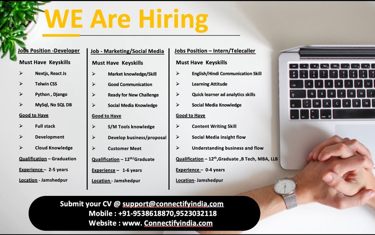 babukdev's tweet photo. Hiring at Connectify India at Jamshedpur.
 □ SEO/Business Developer(BDA)/Digital Marketing
 □ Interns
 □ Developer
Send your cv to : support@connectifyindia.com                             connectifyindia@hotmail.com
Mobile  :  9523032118
Website -www.connectifyindia.com https://t.co/HloRiQFHdq