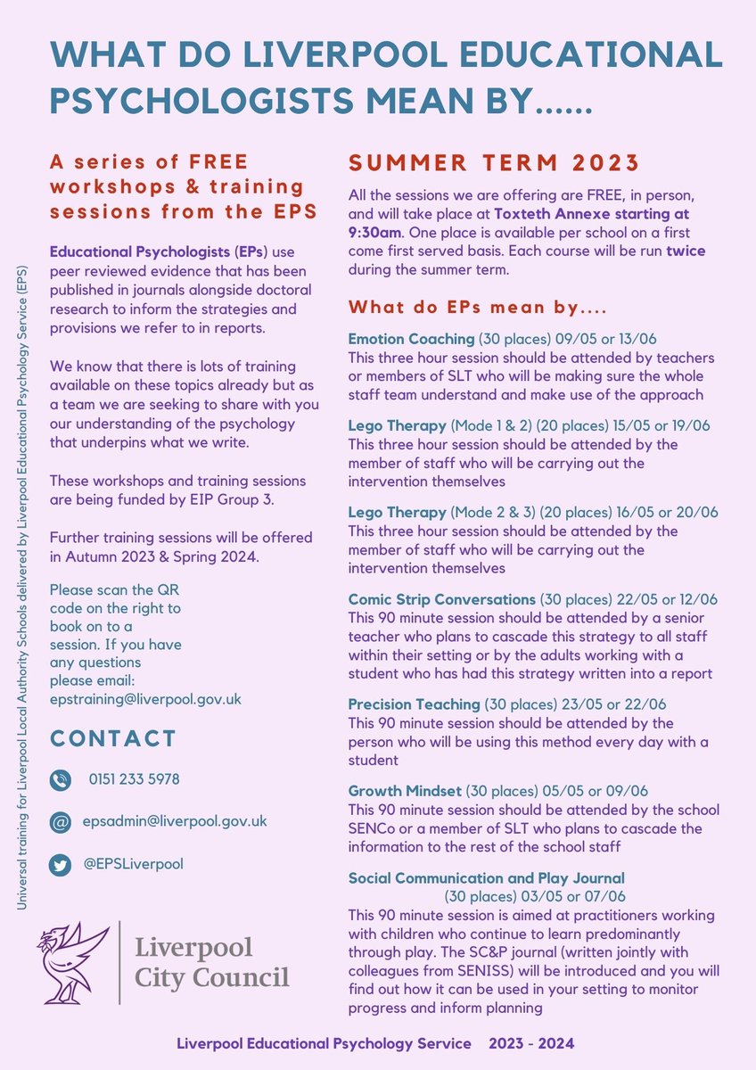 EPSLiverpool's tweet photo. Here is our universal training offer for Summer Term 2023⬇️#free for staff in @lpoolcouncil schools

Booking will go live on Eventbrite on Monday 27th March. We will send the link out to school email addresses or you can request the link by messaging epstraining@liverpool.gov.uk https://t.co/5qILyO4cW0