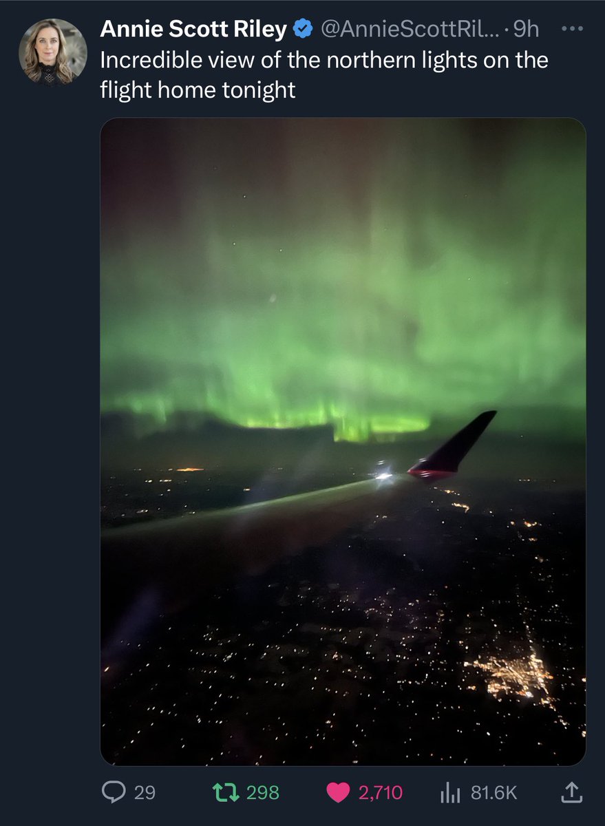 MplsAngie's tweet photo. Last night I was scheduled to fly home into MSP. The northern lights across MN were incredible (see picture from a MSP flight someone posted on Twitter) But I wasn’t on that flight, I stayed in Georgia. Feels like the rained out solar eclipse all over again 😢😂 https://t.co/ABrzOYM1ie