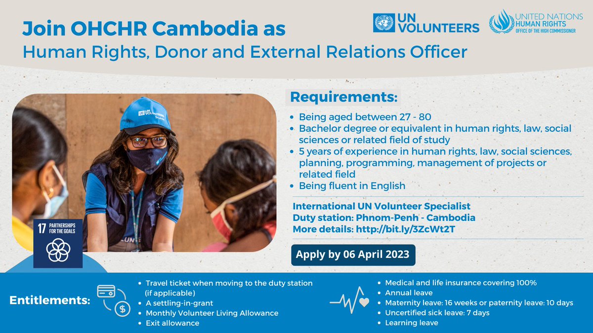 UNVAsiaPacific's tweet photo. ✍️Bachelor degree or equivalent in human rights, law, social sciences with 5 years of experience?

✍️Fluent in English?

✍️Apply to join @OHCHR_Cambodia as an International UN Volunteer, Human Rights, Donor &amp; External Relations Officer

🔗https://t.co/sWWYQVYmka 

✍️06 April 2023 https://t.co/5ixUWF7VSp