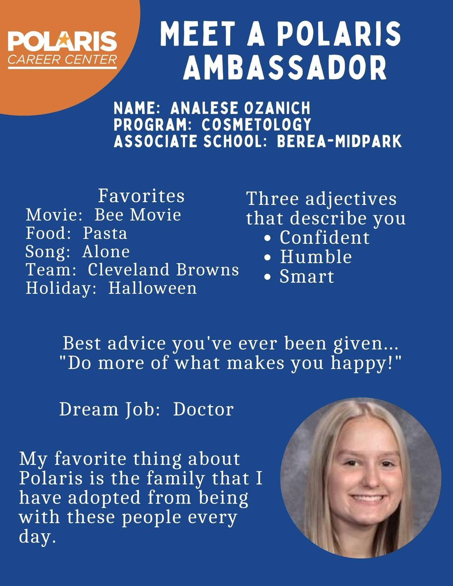 Today's featured 'Meet a Polaris Ambassador' is Analese Ozanich from the Polaris Cosmetology ✂️ program & @BMHSTitans.