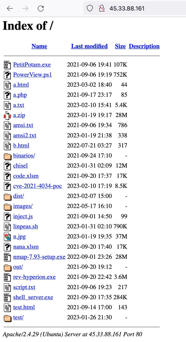 #opendir hosting #pentest tools #amsibypass #chisel #petitpotam #powerview 

Also contains exploits for CVE-2021-4034 and CVE-2021-40444

45.33.88[.]161