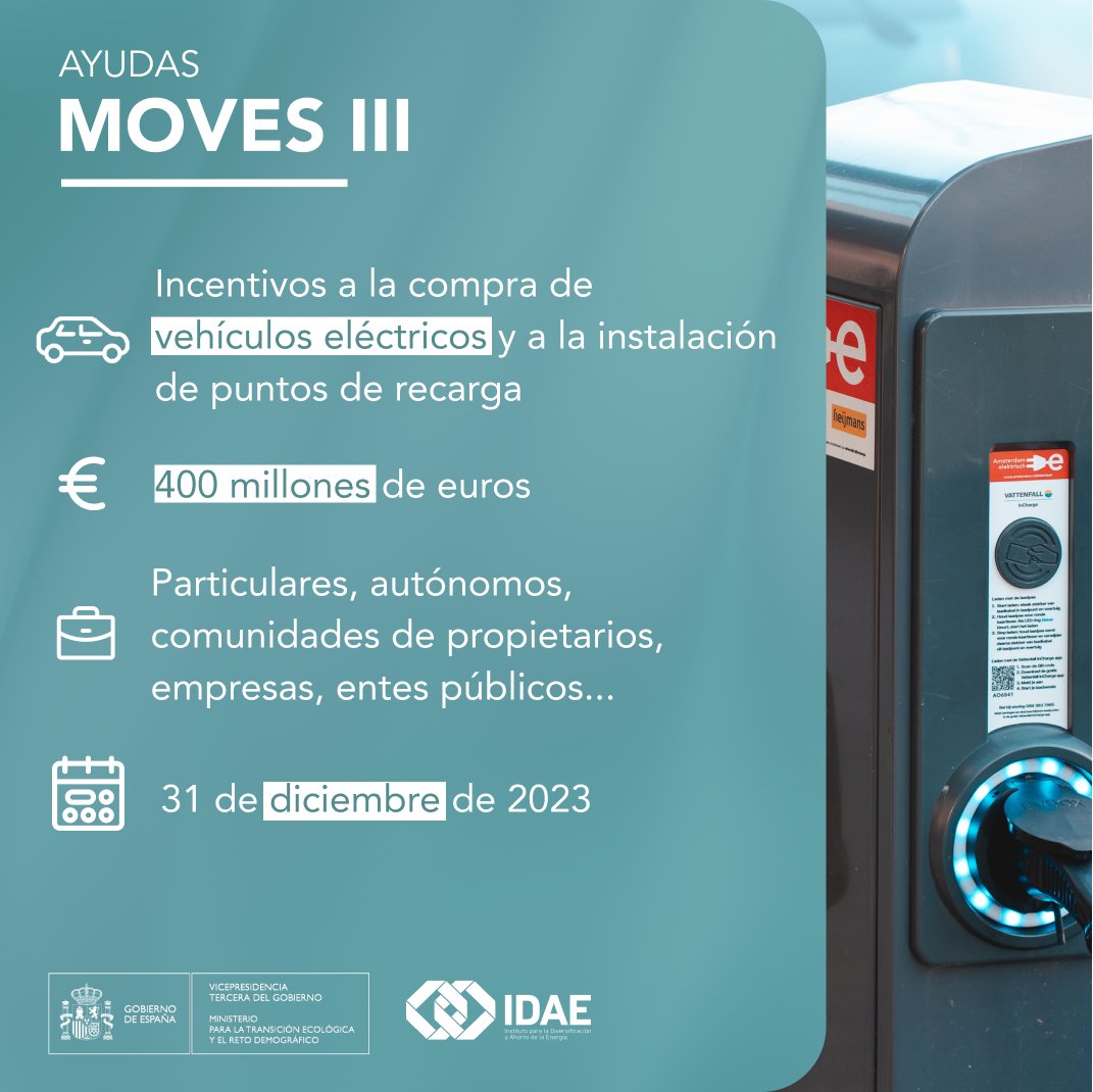 🟡🟡 𝐀𝐘𝐔𝐃𝐀𝐒 MOVES III

Para coches eléctricos y puntos de cargas

⚡️ Hasta el 70% del coste subvencionable

⚡️ Hasta 80% si vives en municipios de menos de 5.000 habitantes

Consulta la guía bit.ly/3EZJ5b7