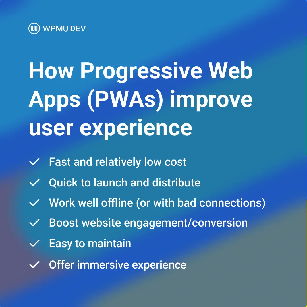 wpmudev's tweet image. #ProgressiveWebApps (PWAs) are a perfect solution to slow-loading websites. 🚀
PWAs provide fast, reliable, and user-friendly web browsing. They're also accessible offline.
Check out our blog to learn more about PWA and the future of #WebDevelopment 👉 wpmudev.com/blog/web-devel…