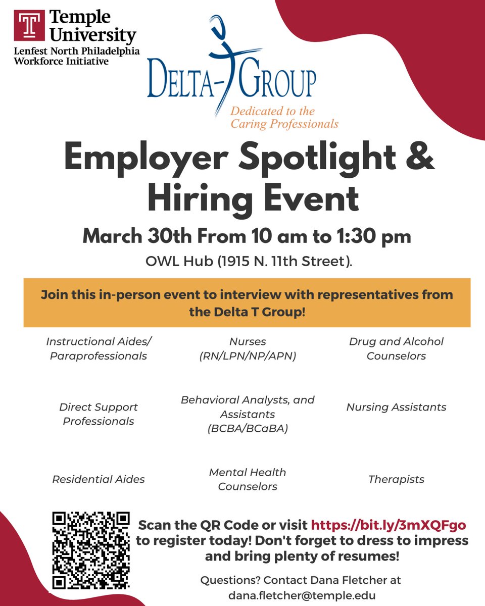 Join us on March 30th to meet and interview with representatives from the Delta-T Group. Opportunities include careers in behavioral health, healthcare, and other caring professions! Register today at bit.ly/3mXQFgo or contact dana.fletcher@temple.edu for more info!