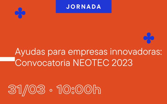 CDTI_innovacion's tweet photo. 📢Jornada informativa para #emprendedores, #startups, empresas de base tecnológica, #empresas innovadoras y agentes de apoyo a la empresa sobre la nueva convocatoria #NEOTEC2023

‼️ Inscríbete y solicita una reunión con CDTI Innovación

🗓️31/03
📍@CEV_CV
➡️https://t.co/ixzhdSuW3h https://t.co/5yEZxqyKax