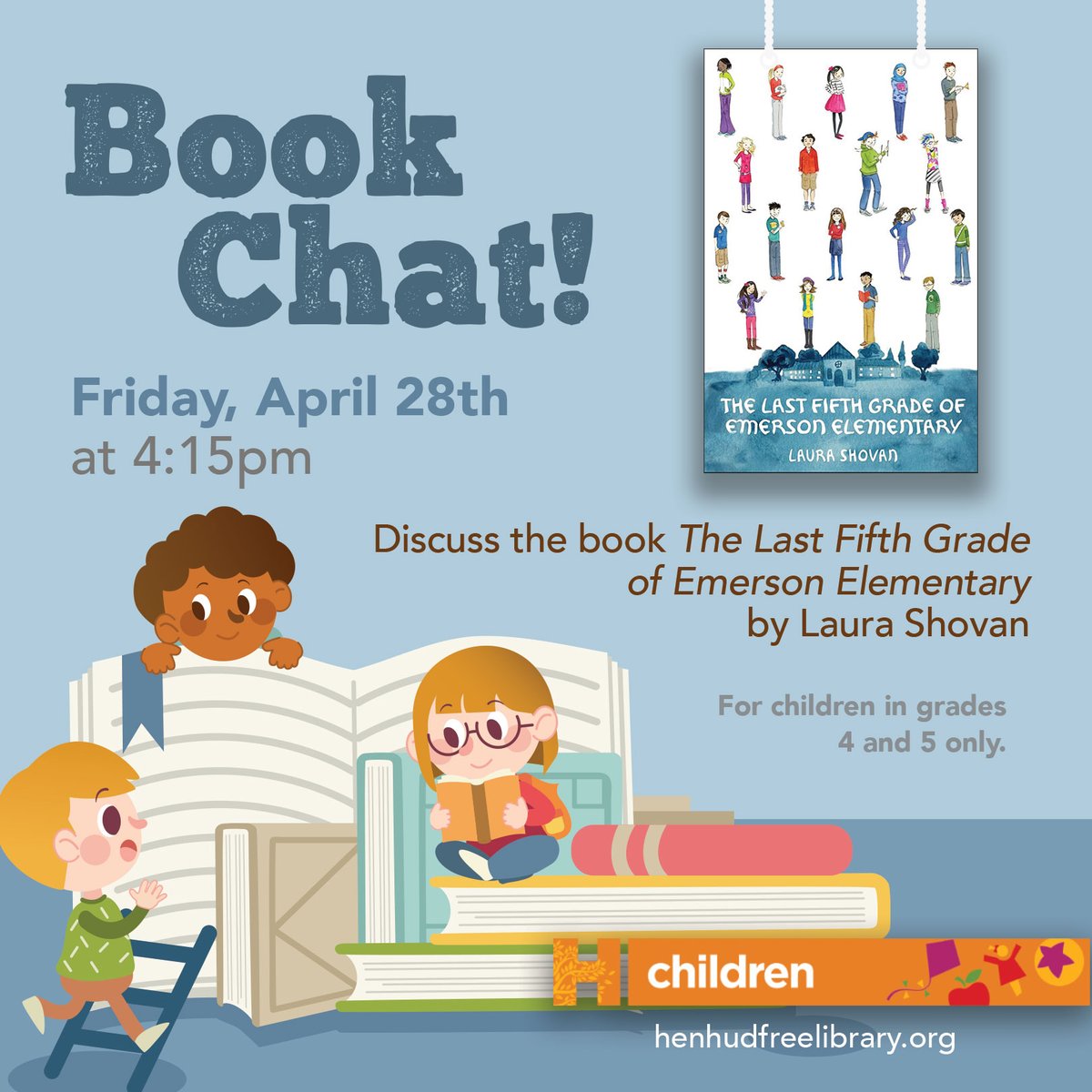 HenHudLibrary's tweet photo. Once registered, visit the children’s  room to pick-up your FREE copy of the book or email amacci@wlsmail.org to schedule a curbside pick-up.

Visit our website to register.

#reading #thelastfifthgradeofemersonelementary #laurashovan #bookchat #hhfl #library https://t.co/RhDRXd9X53
