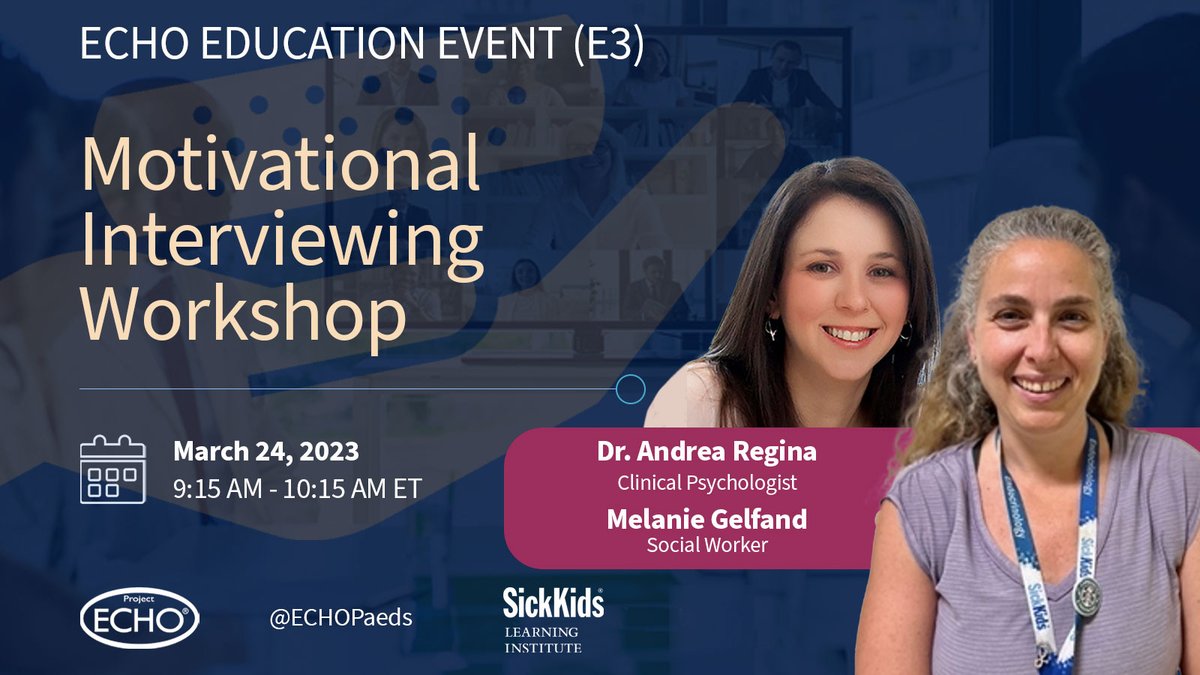 ECHOPaeds's tweet photo. Up Next @ #ECHOEdEvent: A great interactive workshop on "Motivational Interviewing" in #PedsPain management by @SickKidsNews Clinical Psychologist, Dr. Andrea Regina & Social Worker, Melanie Gelfand.
#SocialWorkerMonth #SocialWorkMonth https://t.co/v9tVkLD7SL