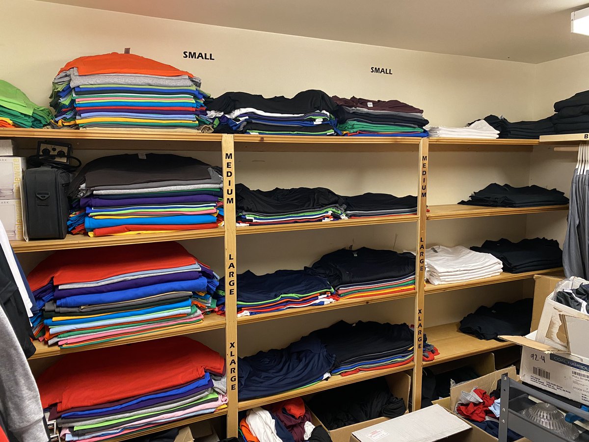 MrOnuczko's tweet image. No better way to kick off spring break than to have the T-Shirt room cleaned and organized by some hyper focused and caring students. #commtech #SpringBreak