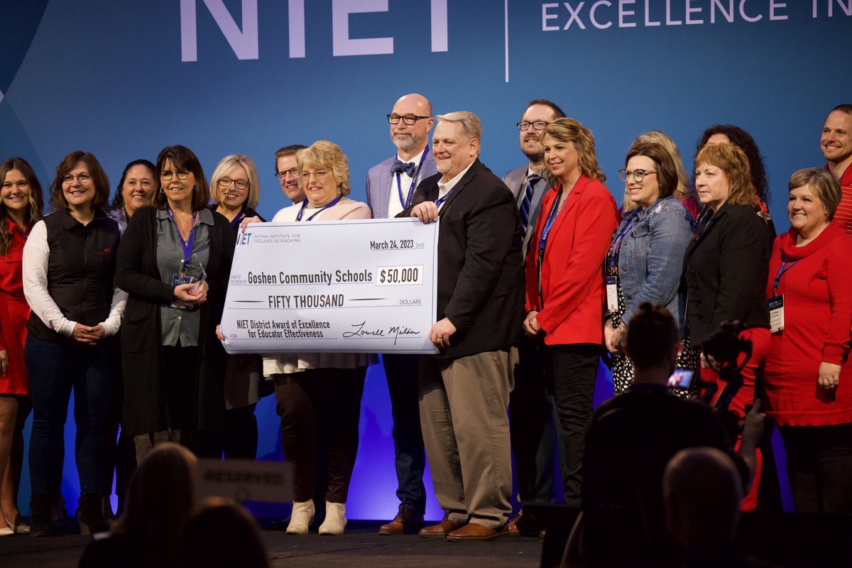 NIETteach's tweet photo. Surprise! Goshen Community Schools won the NIET District Award of Excellence for Educator Effectiveness! The district received $50,000 in celebration of their focus on educator excellence &amp; student progress. Congrats to @GCSSuper &amp; the @GoshenSchools team! #NIET2023 https://t.co/lmSJnN2LgY