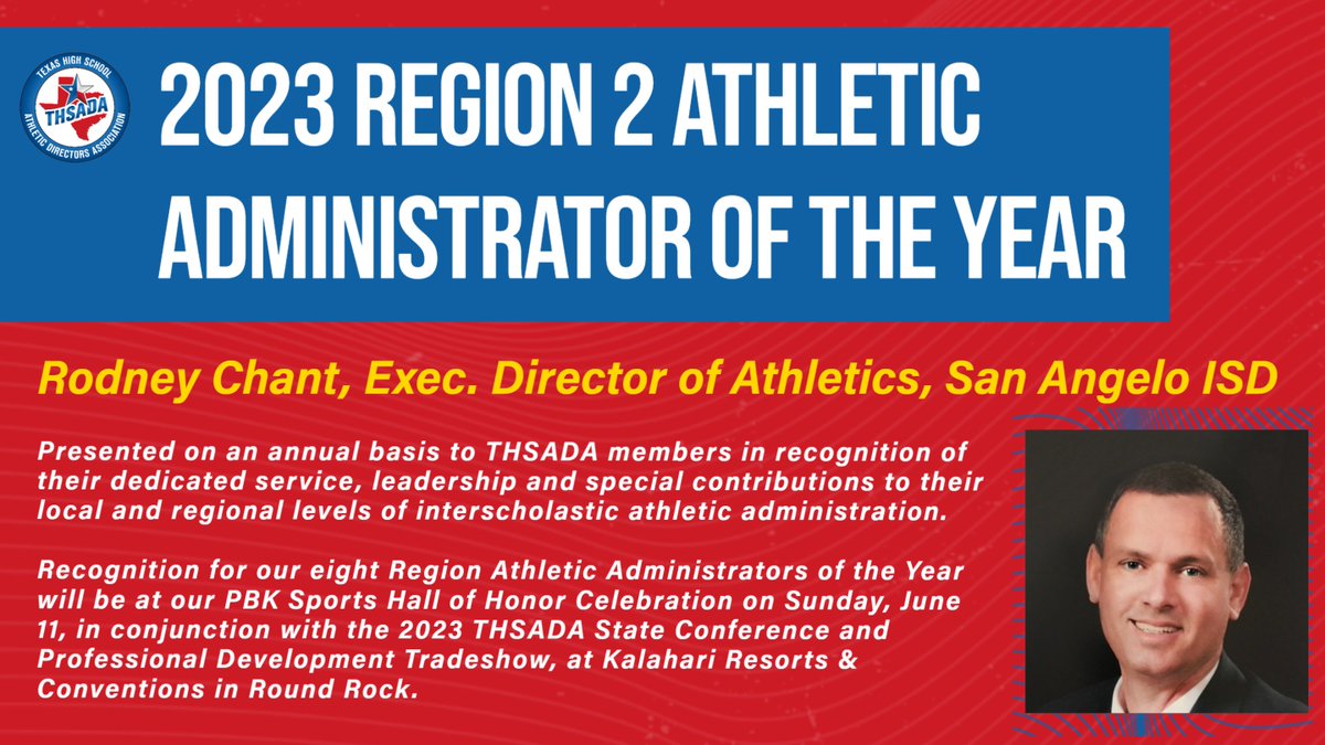 A graduate of Howard Payne University, Rodney Chant arrived in San Angelo after serving as Director of Athletics of the Fort Bend ISD (2016-20). Rodney is a past president of the THSADA and will be inducted into our Hall of Honor in June.