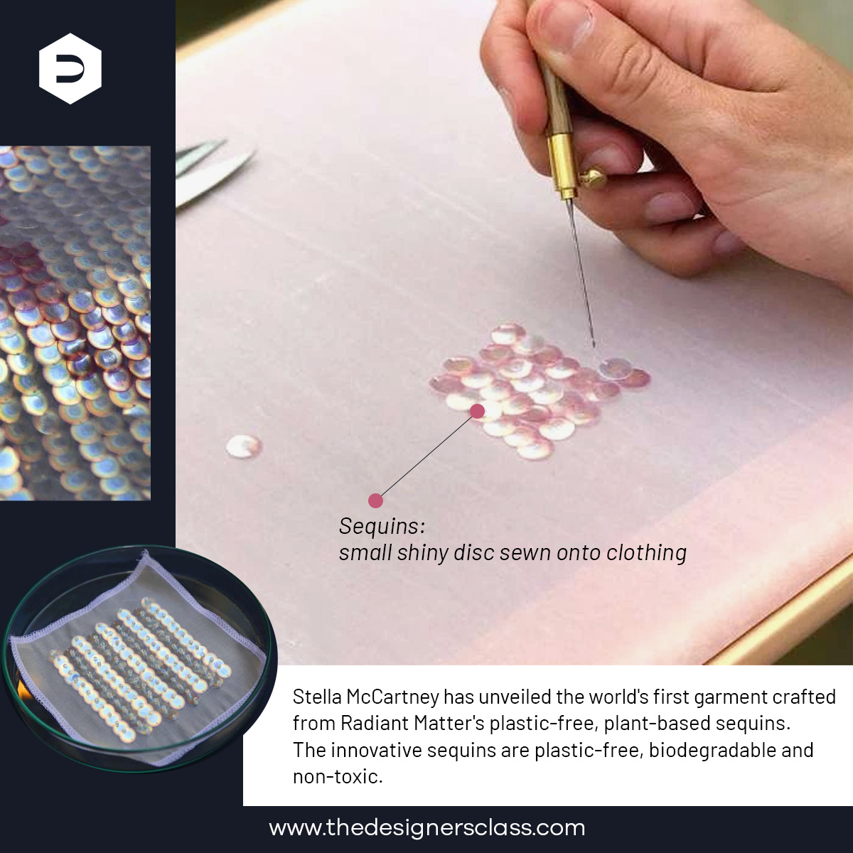 DesignersClass's tweet image. Stella McCartney redefined sustainable design with its latest entry to the fashion world, BioSequins. 

#stellamccartney #biosequins #sustainablefashion #fashion #vogue #caradelevingne #thedesignerclass #design #latestfashion