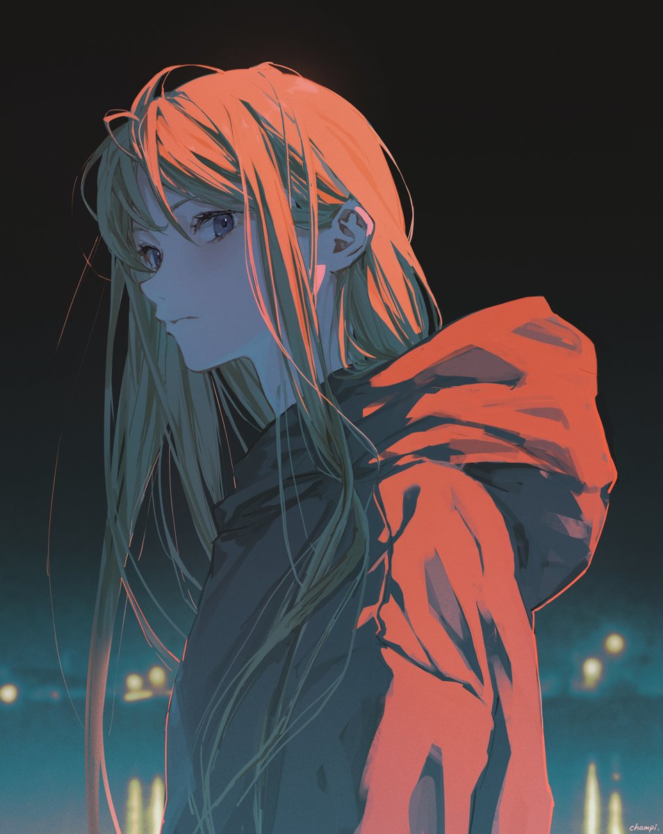 solo long hair 1girl hood looking at viewer hood down night  illustration images