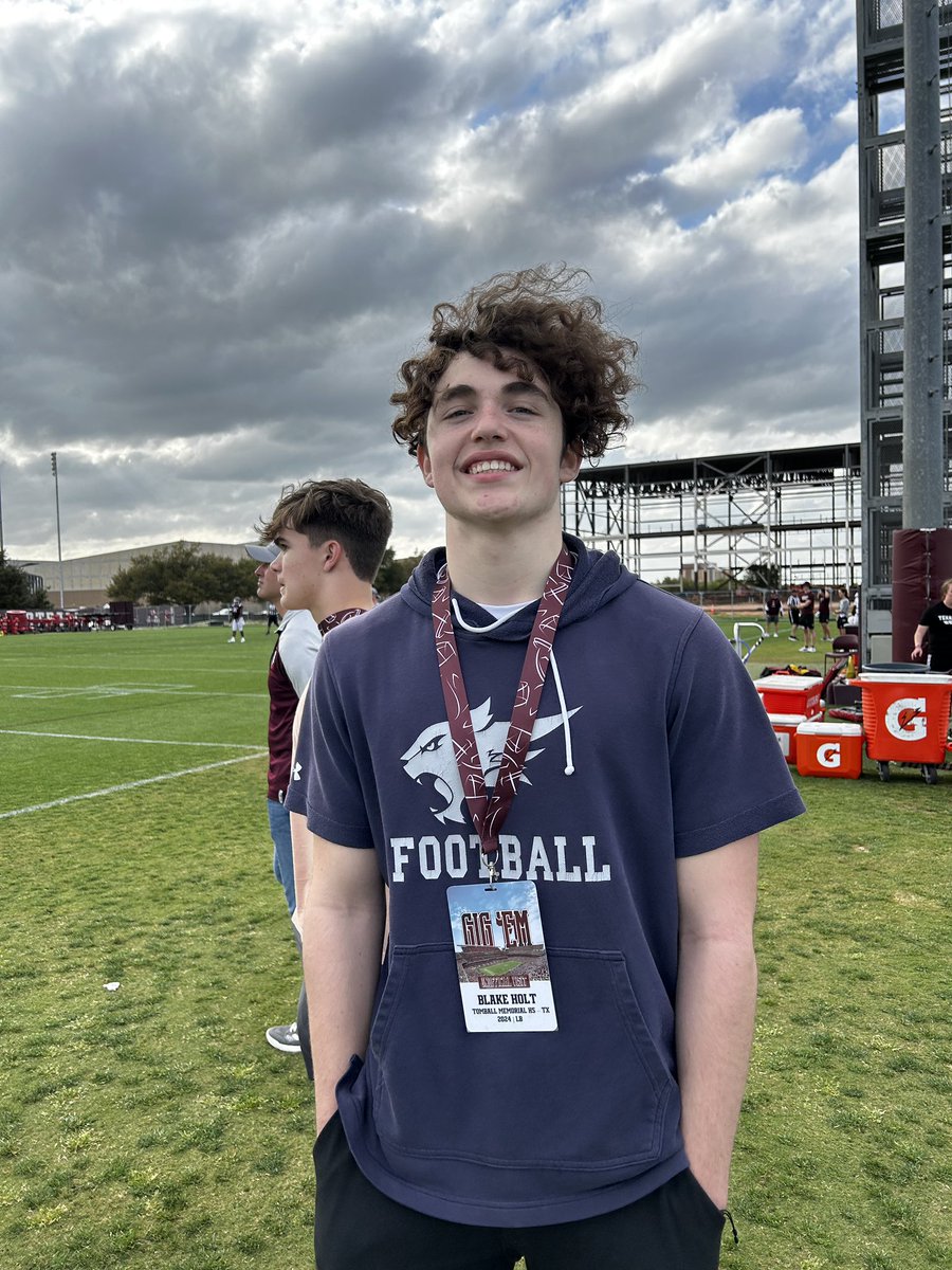 Aidenblake49's tweet photo. Had a great time in Aggieland yesterday! @jarrettbailey12 @CoachDurkin @footwork_king1 @tdrecruits @Prep2Play @on3 @SamParker3271 https://t.co/J6sSIZ8rEF