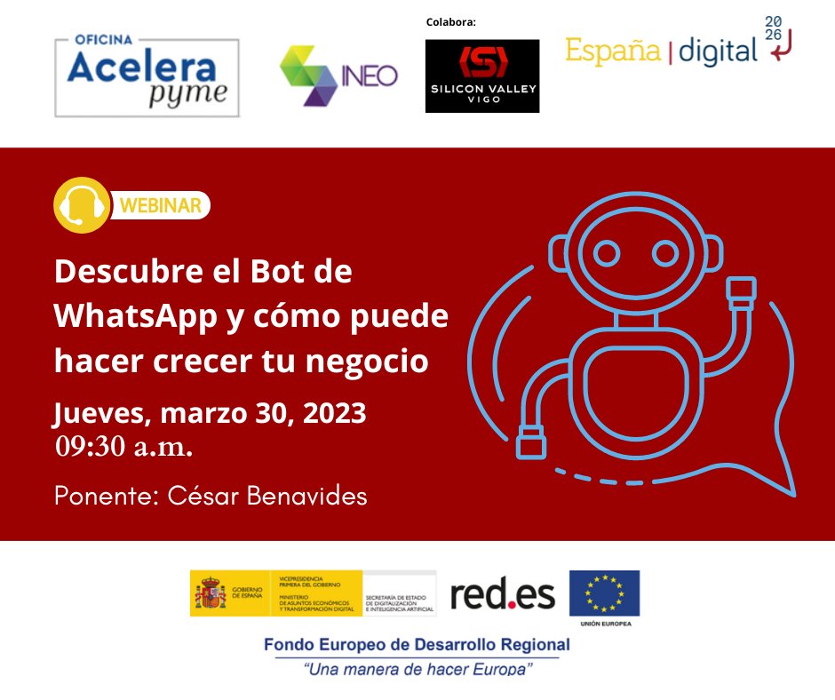 IneoOap's tweet image. 👩‍💻 #NuevoWebinar | ¿Quieres conocer todas las posibilidades que ofrece el bot de #WhatsApp? ¡Inscríbete! 😉
📅 Jueves 30/03
⌚ 09:30h
🗣️ César Benavides, director de proyectos TIC.
🔗 Abierta insrcipción: 
👉 events.teams.microsoft.com/event/dd61c28d…

#OficinasAceleraPyme #AceleraPyme #FEDER