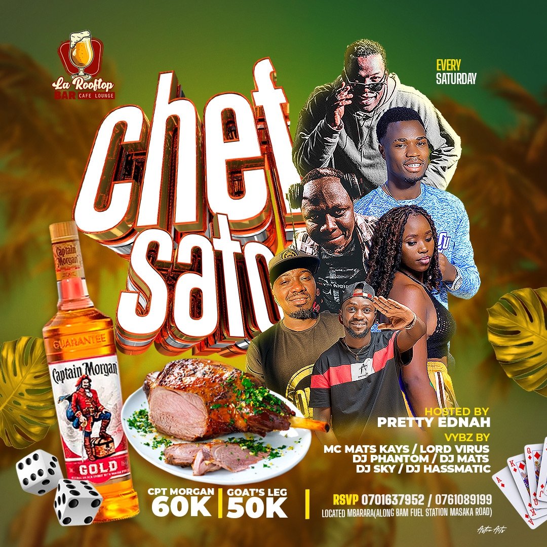 ShowbizUganda's tweet photo. This Saturday, @larooftoplounge Mbarara got covered with marvelous #ChefSaturdays.. Top notch entertainment at your disposal... Captain Morgan at 60k, Goat's leg π¦΅π at 50k... It is going to be massive @SethMurari @wbyarabaha https://t.co/ZubZcvseiE