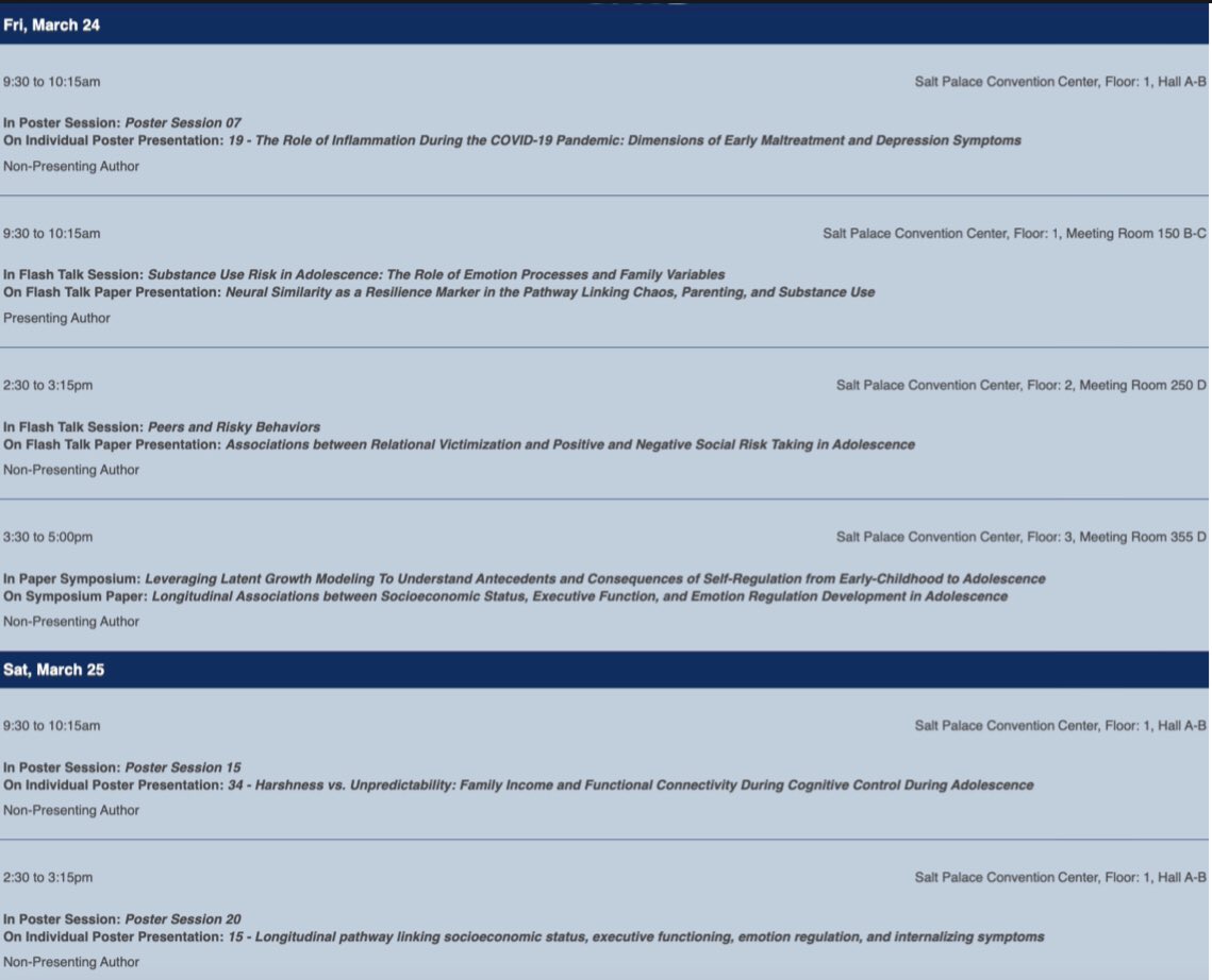 The Jk Lifespan lab is at <a href="/SRCDtweets/">Society for Research in Child Development</a> #SRCD23 this week! Check out work by Jordan Gamache, <a href="/ClaudiaClincha2/">Claudia Clinchard</a> and <a href="/m_lindenmuth_/">Morgan Lindenmuth</a>  on adversity, emotion regulation, peer relationships, and brain development!