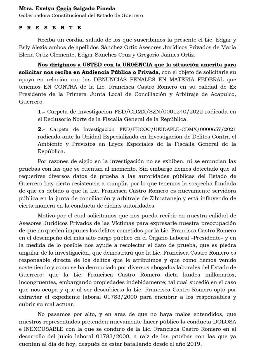 capultitlaGAM's tweet photo. @EvelynSalgadoP @elsurdeguerrero solicitamos nos pueda recibir en audiencia pública o privada o en su caso nos apoye para poder hacer justicia en contra de la Lic FRANCISCA CASTRO ROMERO ExPdte de la Primera Junta Local de Acapulco, hoy Pdte de la Junta Local de Zihuatanejo https://t.co/oM4Z2T16Nc