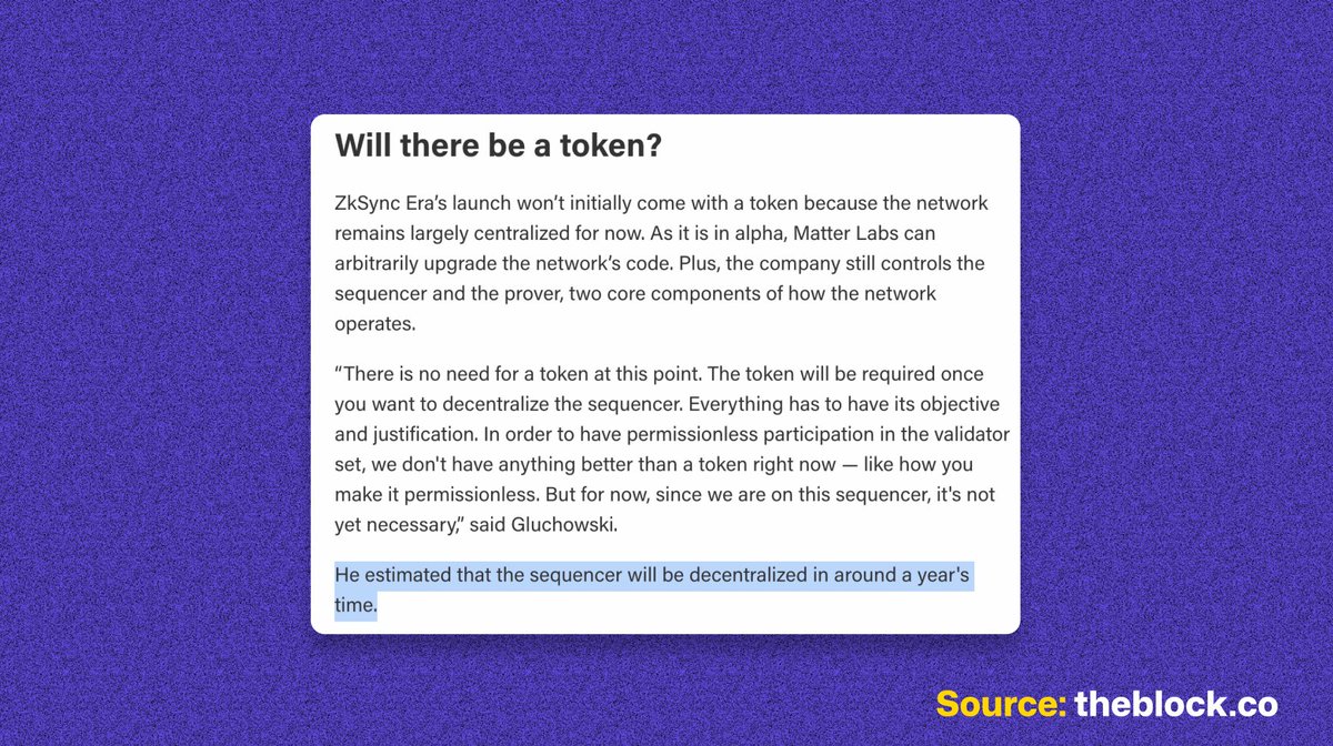According to the CEO of Matter Labs, zkSync's $ZKS token will launch in approximately one year, during which it will enter the decentralization phase.