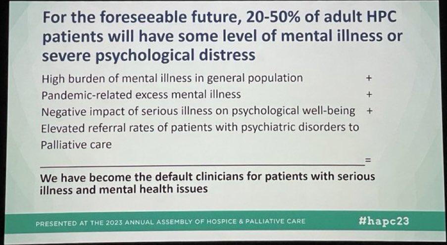 AliRKavanaughNP's tweet photo. Dr. Susan Block highlighting the intersection of serious illness and mental health issues &amp; offering a call to action to improve training in mental health disorders for #HPM clinicians. @AAHPM #hapc23 https://t.co/Wi2b9dTwxl