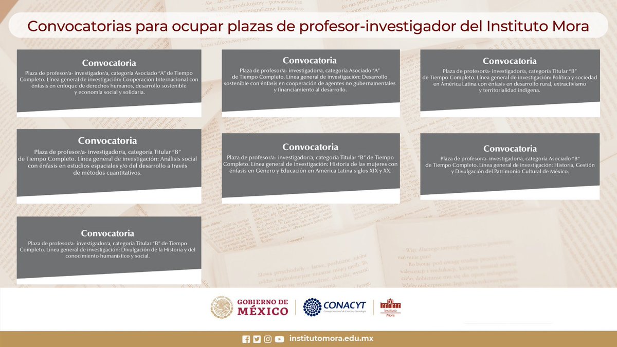 institutomora's tweet photo. ‼️ El #InstitutoMora abre siete #convocatorias para ocupar #plazas de profesor-investigador. 👉Entra a: https://t.co/15S30fBdpz https://t.co/VfF20JGfZ0
