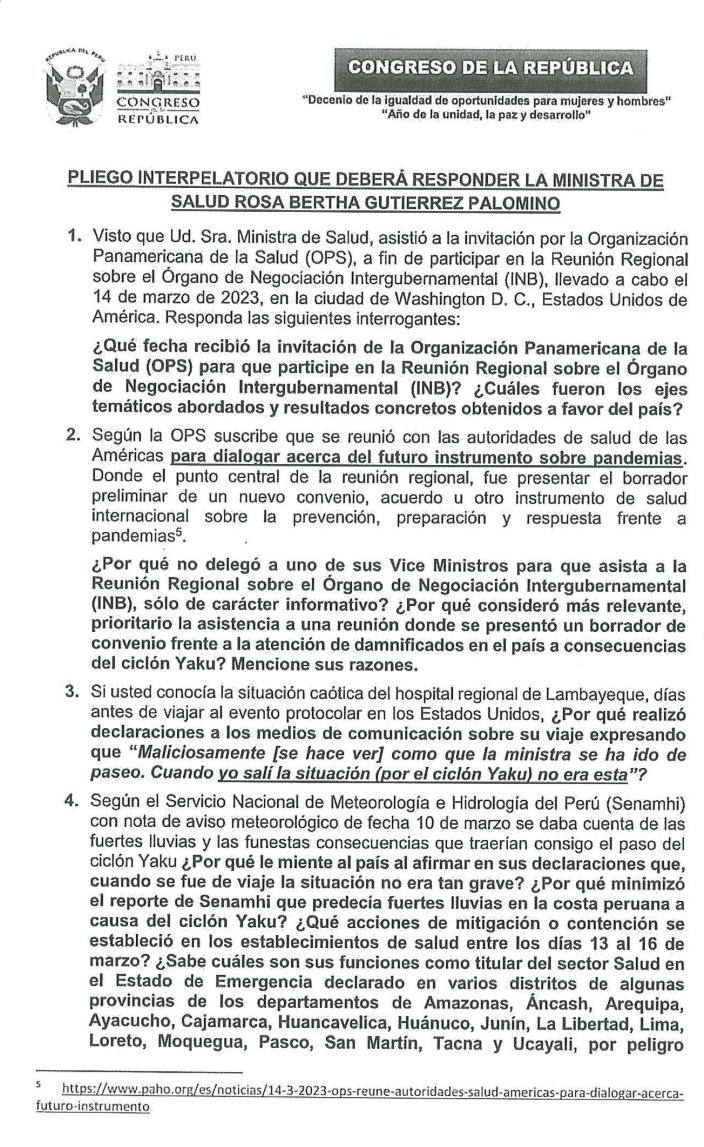 🚨#ATENCIÓN | Congresistas de Perú Libre, Perú Democrático, Acción Popular, APP y Podemos presentan interpelación contra la ministra de Salud, Bertha Gutiérrez Palomino. Pliego consta de 9 preguntas.