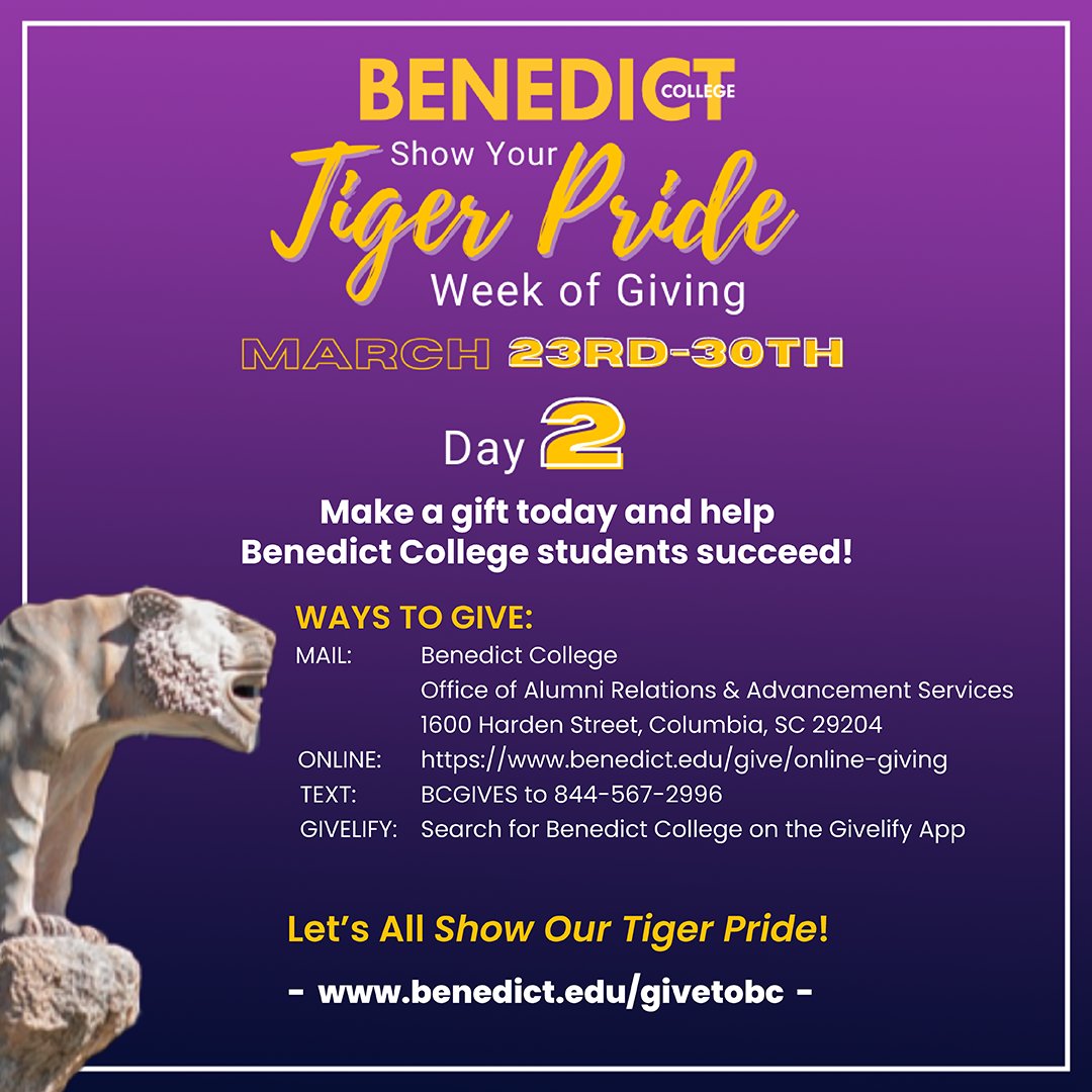BenedictEDU's tweet photo. Today is Day 2 of our Show Your Tiger Pride Week of Giving! Our top priority is student scholarships. However, you may choose where you want to designate your gift.
Visit https://t.co/tPB3QqRQo9 to make your gift! #BCGives #GivetoBC #RYSBenedict https://t.co/nu3vut6xin