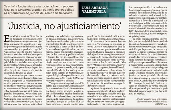“Los #jesuitas siempre lamentaremos el asesinato de un ser humano. La muerte de quien en vida presuntamente fue un asesino no puede ser motivo de congratulación: su asesinato es un llamado a reflexionar sobre las condiciones de #violencia e #impunidad imperantes”.

🖋️Luis Arriaga