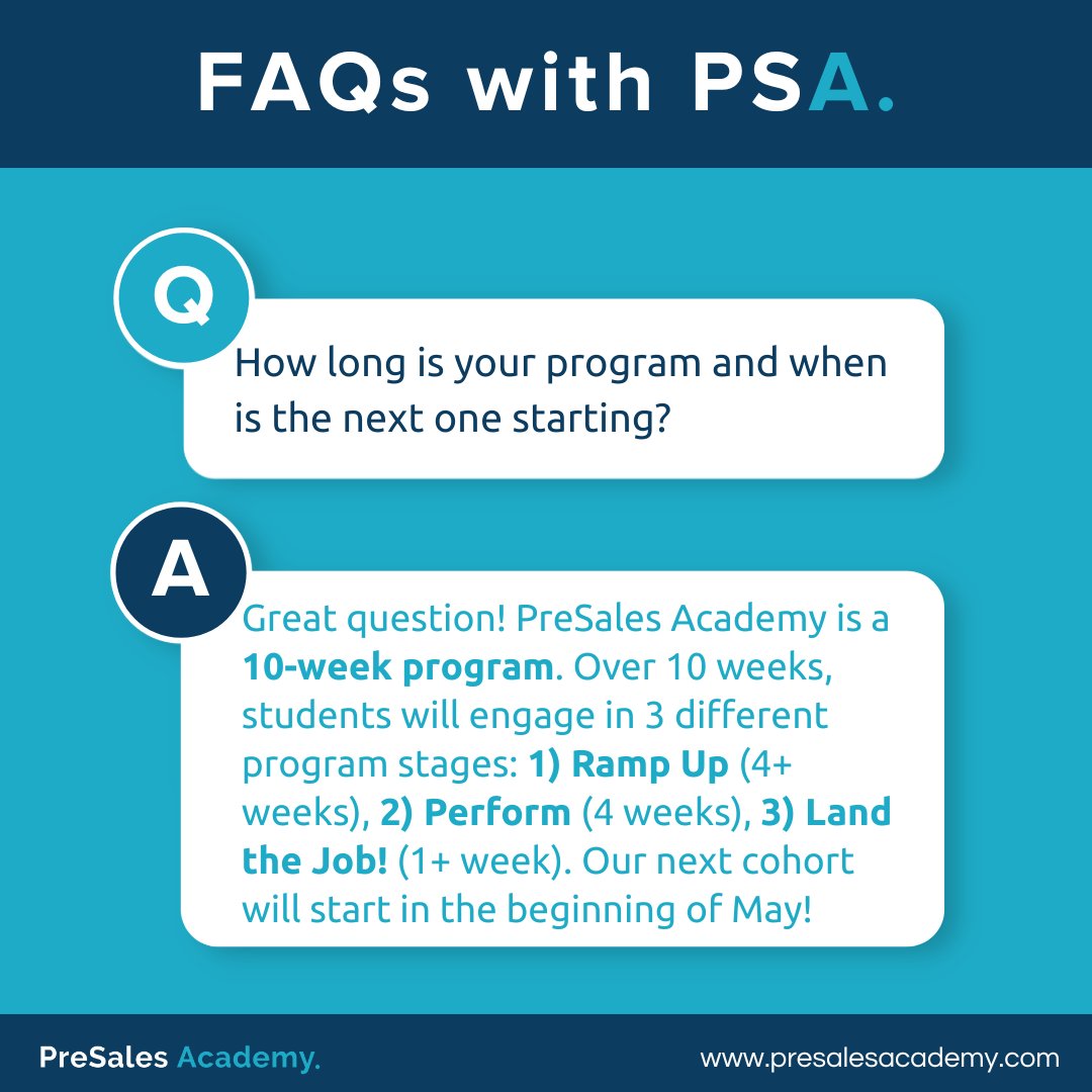 PreSalesAcademy's tweet image. ⭐ It’s Friday FAQs with PSA! ⭐

Did you know? ➡️  PreSales Academy is a 10-week program!

Our program will give you the training and re-skilling to launch your #PreSales career after 10 weeks! 

Join us for our Info Session on 3/29!

#questions #solutionsconsulting #faqs