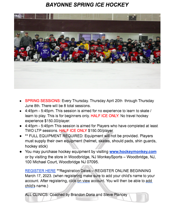 SCP02408742's tweet photo. Bayonne Spring Ice Hockey begins April 20th! Registration link below

https://t.co/C5fHpV8ogz https://t.co/rCIqTgj25B