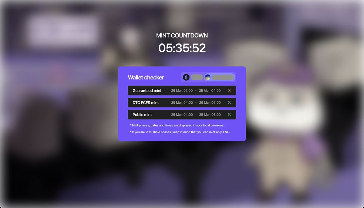 Mint countdown and Wallet checker.

👉 mint.nfd.gg/wallet-checker - you can click on the link, connect your wallet and check what stage of minting you are admitted to.

You will also find a mint countdown there.

See you all at 19.00 UTC!