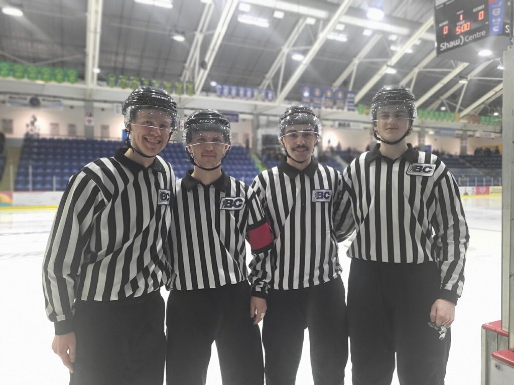 BCHockey_Refs's tweet photo. BCHockey 2023 Championship Gold Medal game officiating foursome in Salmon Arm for the U18-T1 Championship include; Nic Hartwig, Dylan Blazek, Nic Barbosa &amp; Jayden Attwood. https://t.co/267mKzWoi1