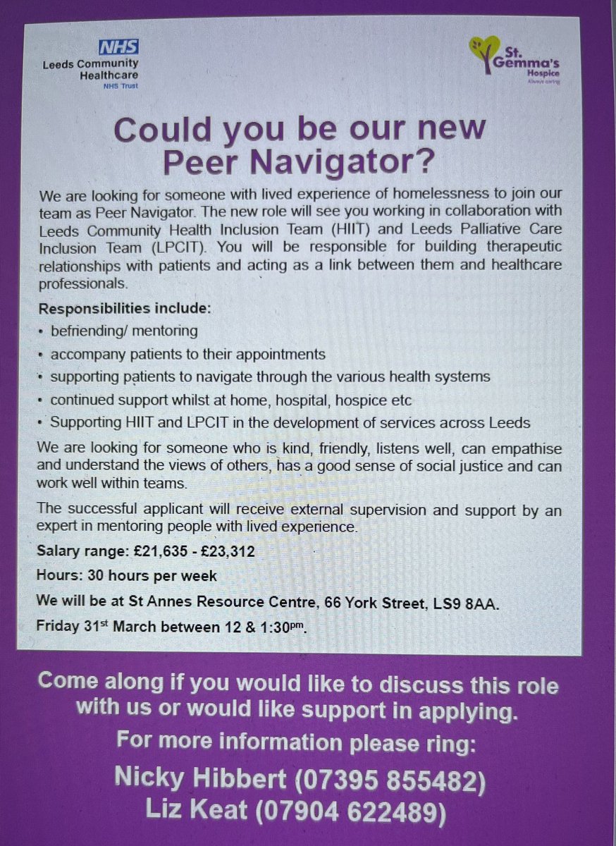Liz Keat RN, QN, SCPHN. (@keatliz) on Twitter photo Brand new role for someone with lived experience of homelessness, working between <a href="/stgemmashospice/">St Gemma's Hospice</a> and <a href="/LCHNHSTrust/">LCH NHS Trust</a> homeless team. <a href="/simonotstreets/">Simon on the Streets</a> <a href="/forwardleeds/">Forward Leeds</a> <a href="/EmmausLeeds/">Emmaus Leeds</a> <a href="/LeedsSOS/">Change Grow Live Leeds Street Outreach</a> <a href="/WeAreBevan/">Bevan Community Benefit Society</a> <a href="/CryptLeeds/">St George's Crypt</a> <a href="/BARCALeeds/">BARCA-Leeds</a> <a href="/expertfocus_/">Stan</a> Brand new role for someone with lived experience of homelessness, working between <a href="/stgemmashospice/">St Gemma's Hospice</a> and <a href="/LCHNHSTrust/">LCH NHS Trust</a> homeless team. <a href="/simonotstreets/">Simon on the Streets</a> <a href="/forwardleeds/">Forward Leeds</a> <a href="/EmmausLeeds/">Emmaus Leeds</a> <a href="/LeedsSOS/">Change Grow Live Leeds Street Outreach</a> <a href="/WeAreBevan/">Bevan Community Benefit Society</a> <a href="/CryptLeeds/">St George's Crypt</a> <a href="/BARCALeeds/">BARCA-Leeds</a> <a href="/expertfocus_/">Stan</a>