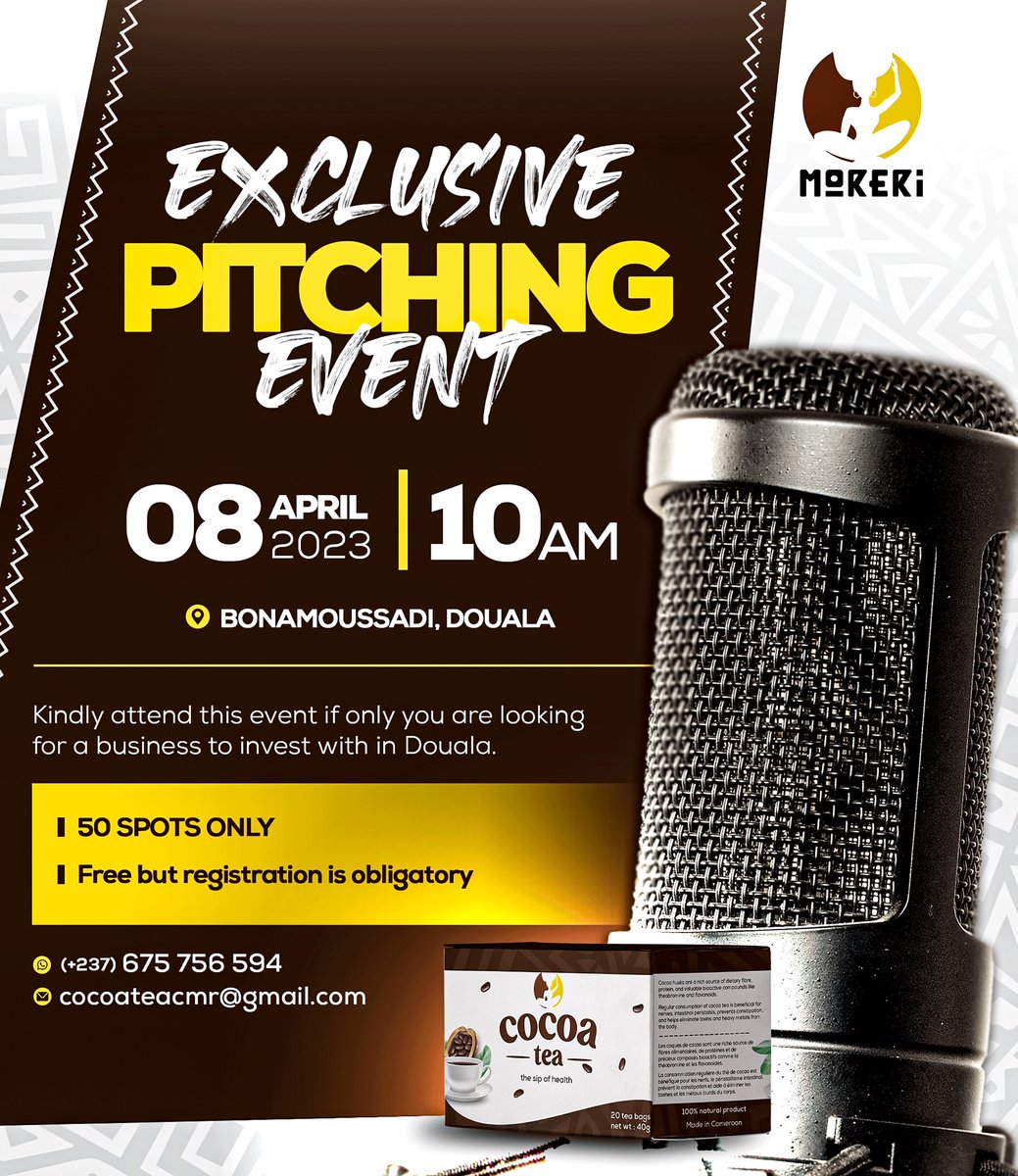 cocoateacmr's tweet photo. Good News 🥳

Our first #pitchingevent scheduled for 8th April.
It is time to grow beyond the 3,000+ clients we have touched.
Let’s grow higher and it will be a great pleasure to join us either as:
- Potential Investor
- Distributor or
- Donor

📝 Link: https://t.co/6lVtUjJSrr https://t.co/O0aPmmYCvk