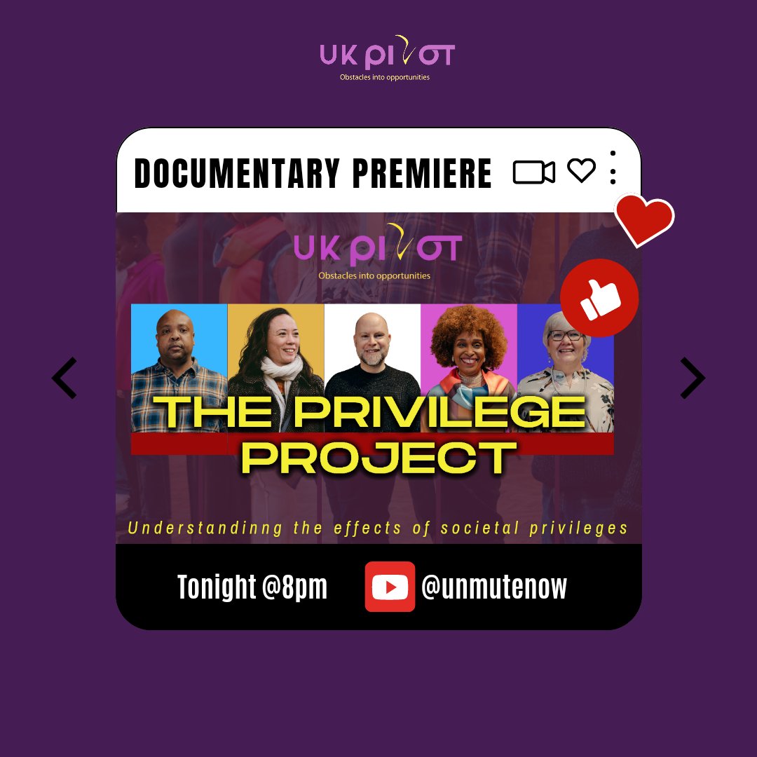 Pivot50512382's tweet photo. The wait is over - tune in tonight at 8pm, YouTube @unmutenow for our first documentary: 𝗧𝗵𝗲 𝗣𝗿𝗶𝘃𝗶𝗹𝗲𝗴𝗲 𝗣𝗿𝗼𝗷𝗲𝗰𝘁
#ukpivot #privilege #ukpivotprivilegeproject #privilegewalk https://t.co/e0UlN58Ihl