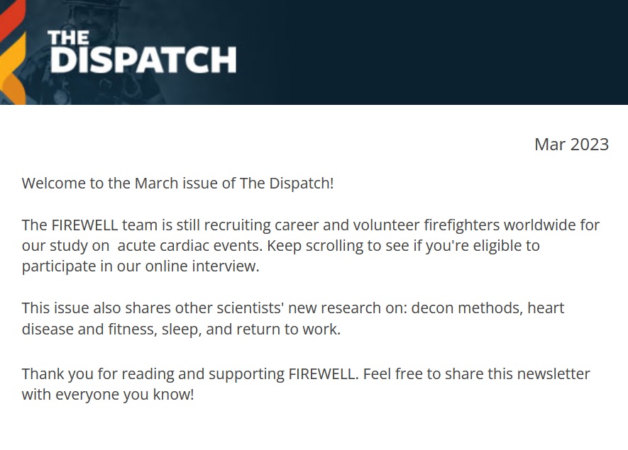 FirewellHealth's tweet photo. Spring breaks loose, the #FIREWELL Research Dispatch is here!
In this issue:
🫧 decon methods
❤️ disease and fitness
😴 sleep
✅ return to work
Read now: https://t.co/jLHBbHJSiW https://t.co/LrlYECNfV5