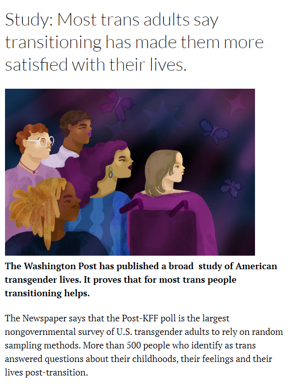 ErinInTheMorn's tweet photo. The vast majority of transgender adults in a new survey said that transitioning made them more satisfied with their lives.

And that is in the current political climate, when trans people are attacked every day.

That's how important transition is to us. https://t.co/JMp5QVtSMK